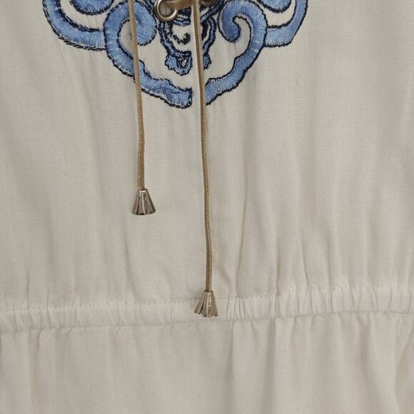 Boston Proper Embroidered Peasant Top Size Small White Blue Lace Up Boho Beachy - Picture 4 of 9